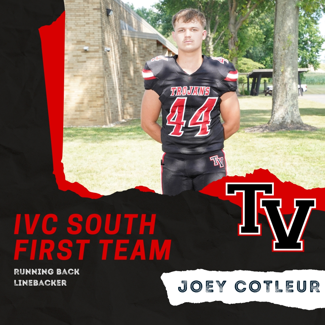 Congratulations to our Trojan football players who earned IVC South awards today.

First Team - Ben Congdon
First Team - Hunter Witts
First Team - Joey Cotleur
Second Team - Jesse White
Second Team - Alijah Levengood
Second Team - Jake McDermott
Honorable Mention - Coby Ewing