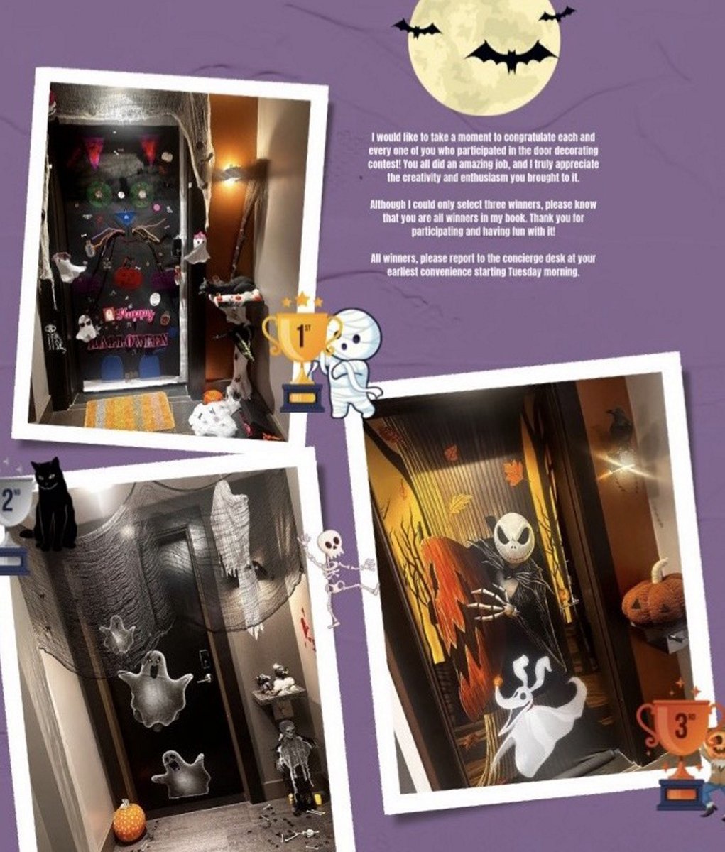 CathedralApts's tweet photo. Congratulations to everyone who participated in our Halloween Door Decorating Contest! Each of you brought creativity and spirit to the event—you’re all winners in our eyes!
#bozzuto #boxzutoevents #bozzutoliving https://t.co/eHkvmlhUzE