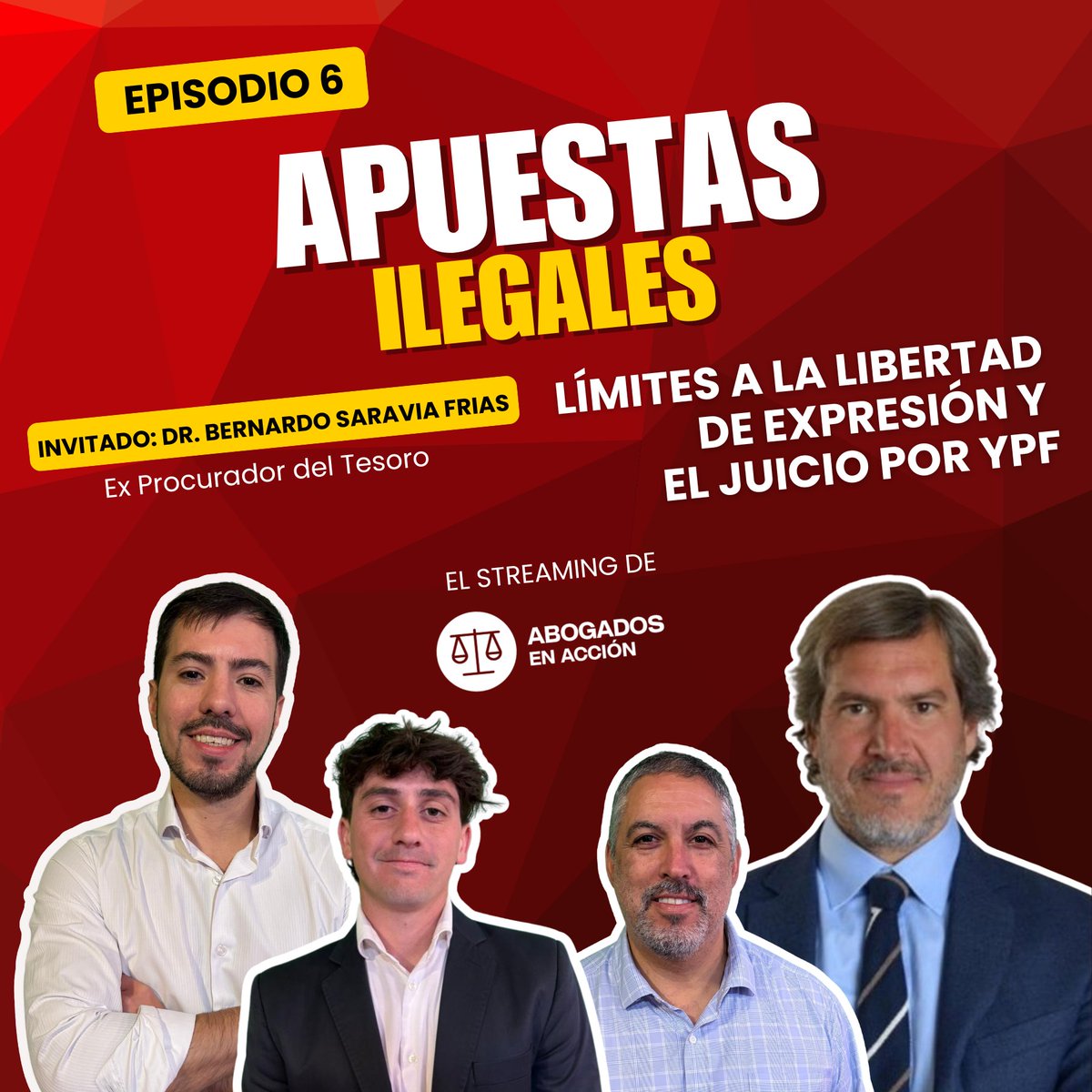 AbogadosEA's tweet photo. 🎧 ¡Reviví el episodio 6 de Abogados en Acción! Hablamos sin filtro sobre tres temas que están en boca de todos: apuestas ilegales, libertad de expresión y el juicio por YPF.

Opiniones, debate y análisis jurídico con una mirada federal y actual.
👉 Escuchalo completo en Spotify: https://t.co/EIpDgrPtBk