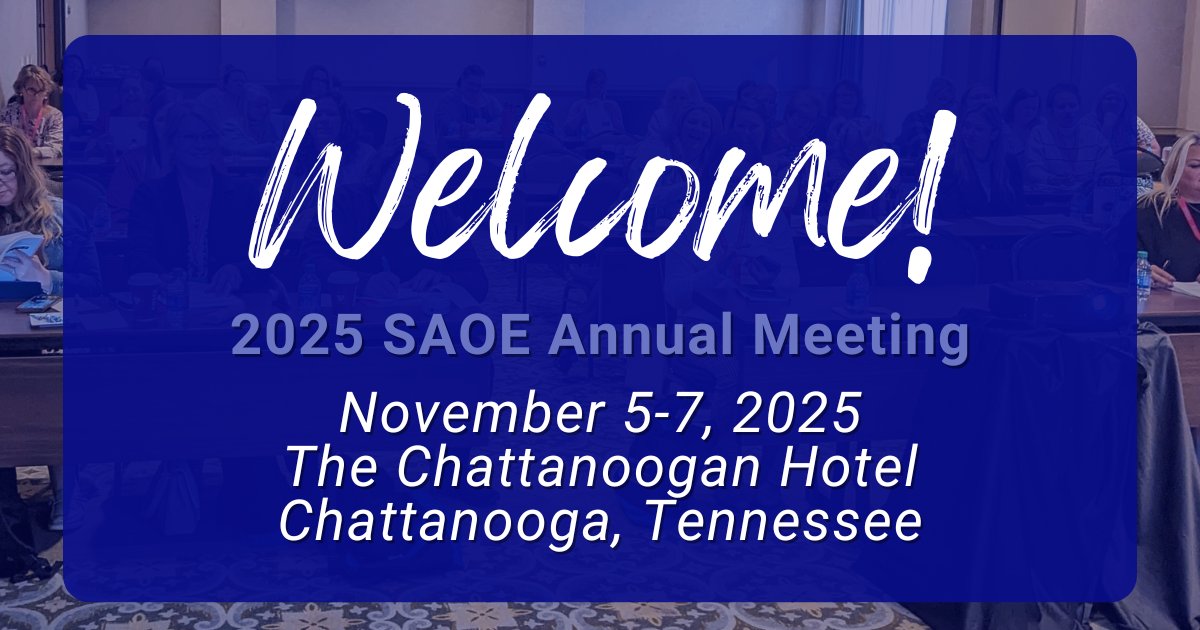 Welcome to the 2025 SAOE Annual Meeting!

We invite you to join us this evening at the Welcome Reception in the Chattanoogan Ballroom.

View the meeting program: online.anyflip.com/rpkql/krjl/mob…