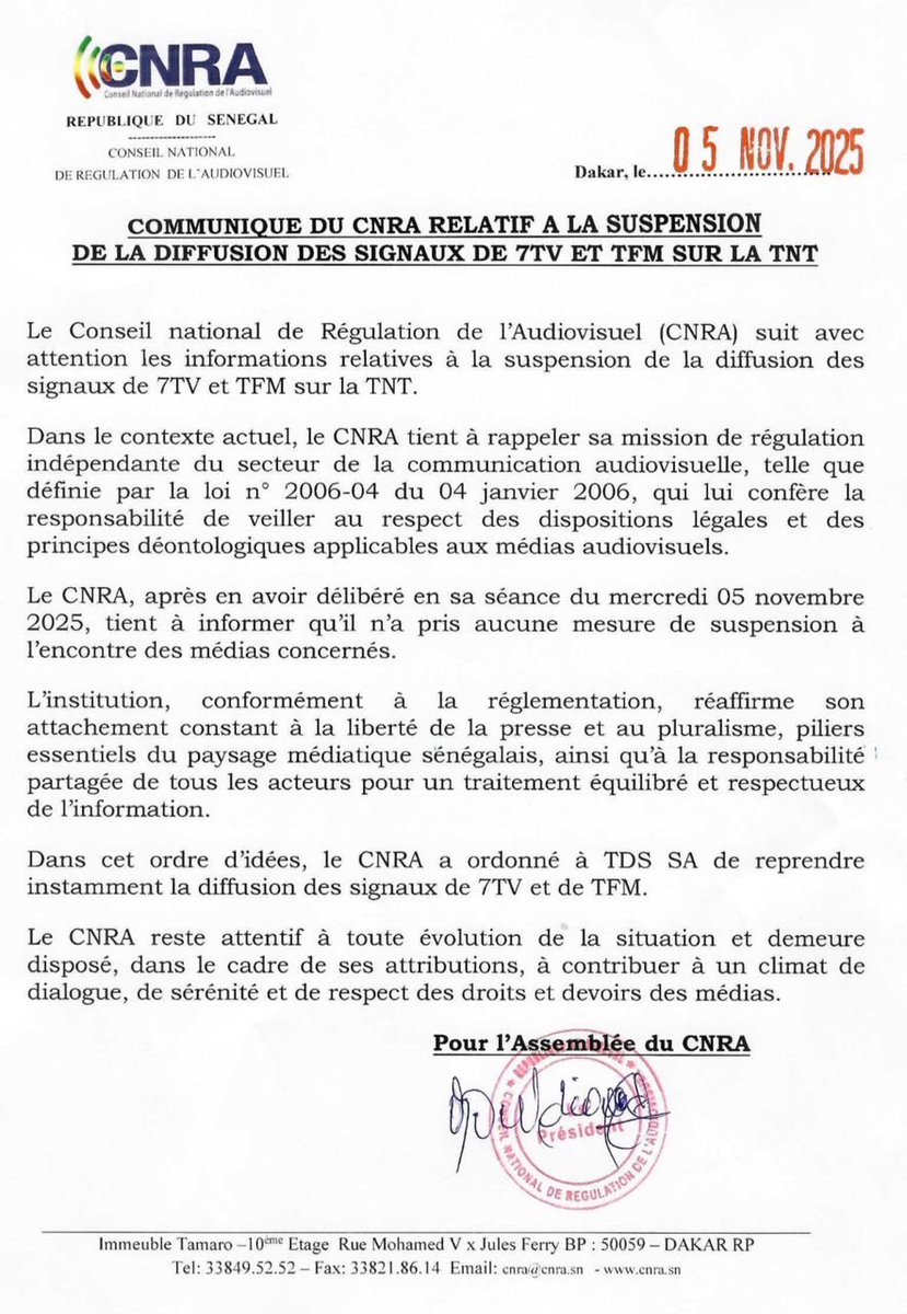 autruicomoi's tweet photo. Le CNRA dégage sa responsabilité et ordonne à la TDS de rétablir les signaux de la 7TV et TFM. On savait que ce n’est pas lé régulateur qui a coupé. Le cas reste entier : Qui a donné l’ordre de le faire ? Alors M. Le DIRCOM, quel est votre dernier mot ? https://t.co/LCJ75xDsQp