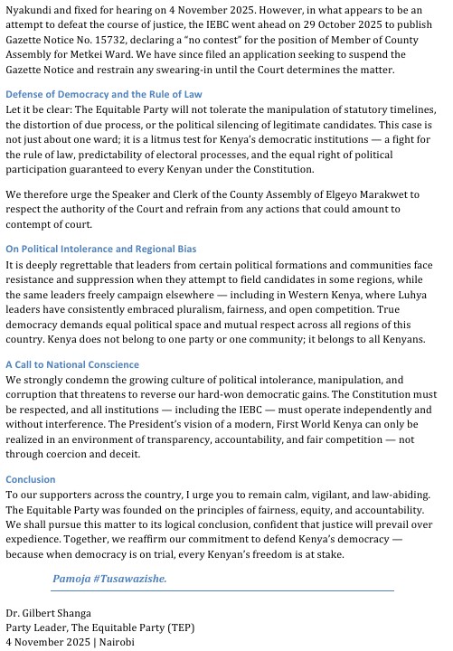 Fredaloo's tweet image. THE EQUITABLE PARTY @TEP_KE has swiftly moved to court to stop the swearing in of the MCA that UDA is trying to force down the throats of METKEI people. KENYA is a multiparty state. 
#Democracyontrial.