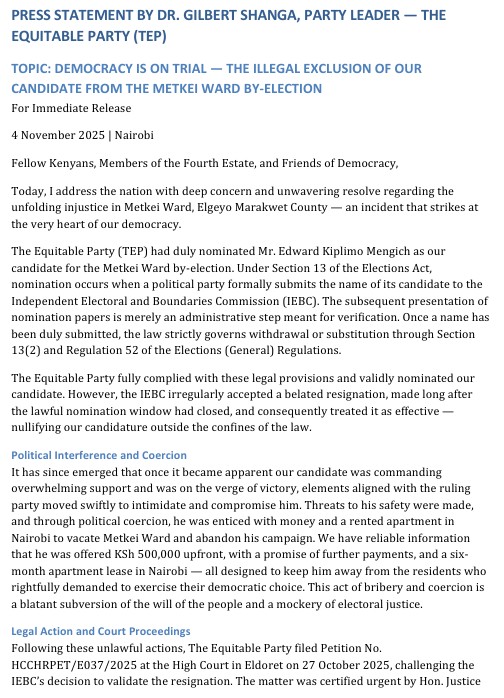 Fredaloo's tweet image. THE EQUITABLE PARTY @TEP_KE has swiftly moved to court to stop the swearing in of the MCA that UDA is trying to force down the throats of METKEI people. KENYA is a multiparty state. 
#Democracyontrial.