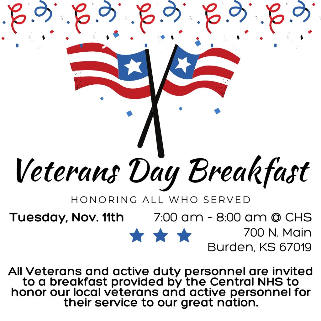 Usd462's tweet photo. Veteran's Day Breakfast - Tuesday, Nov. 11th, 7:00 - 8:00 a.m. at Central High School for all area veterans. Please help us spread the word! https://t.co/gvaYZFje9f