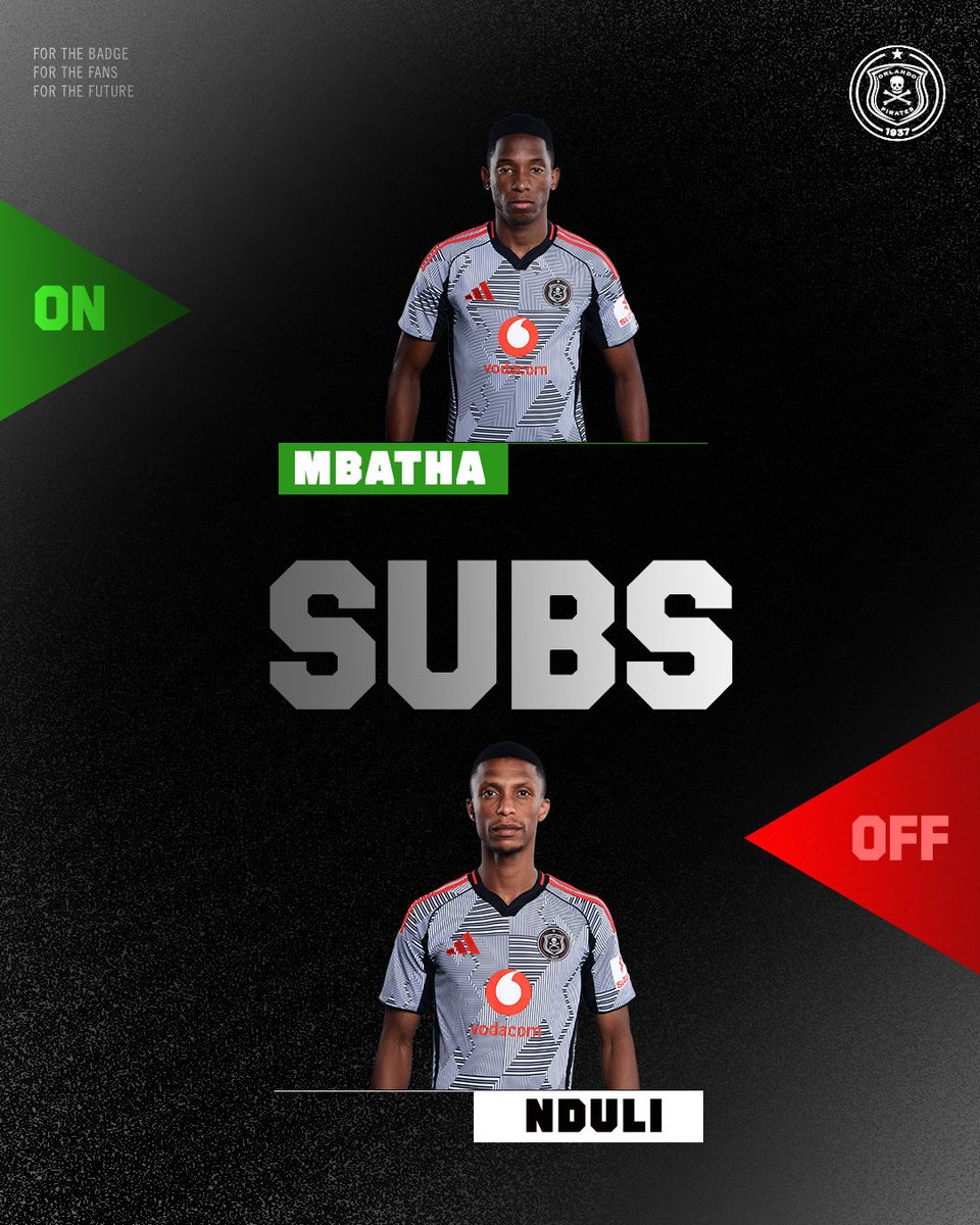 orlandopirates's tweet image. ♻️ 45+2&apos; Sub | @goldenarrowsfc1  0 - 1 @orlandopirates  

🟢Mbatha 
🔴 Nduli 

⚫⚪🔴⭐
#MatchDay
#OrlandoPirates
#OnceAlways