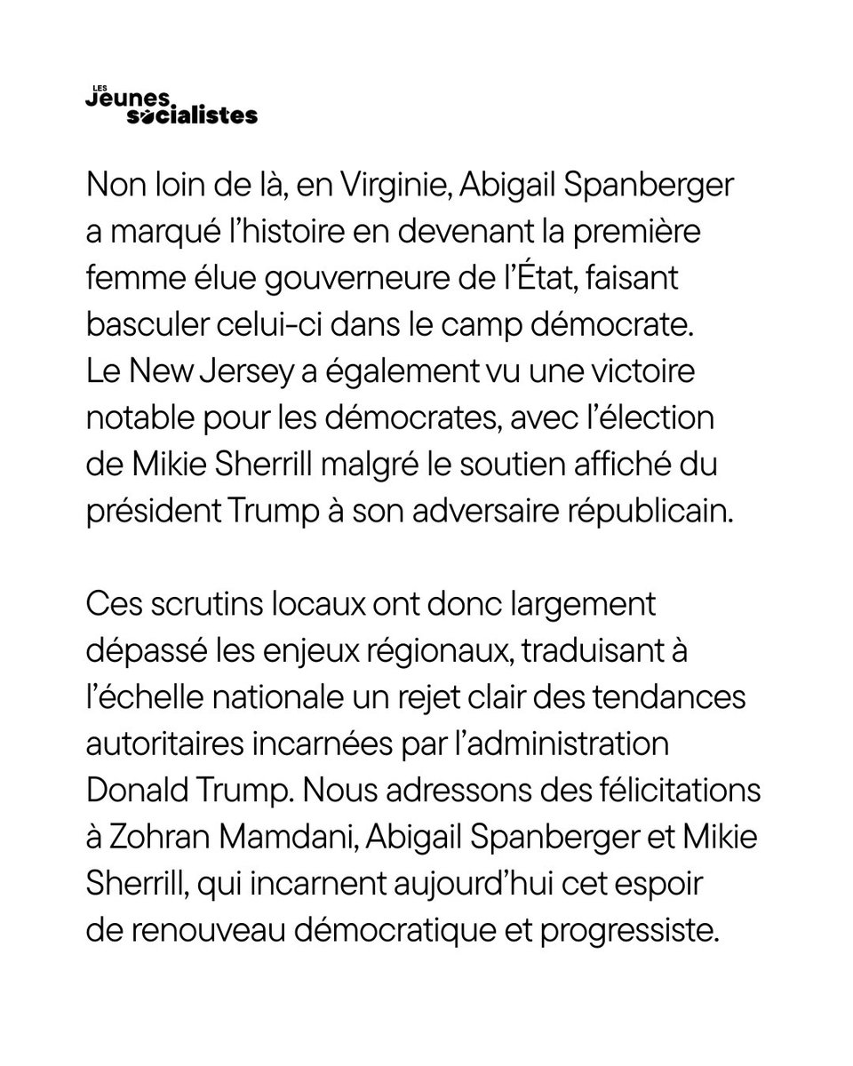 Les élections locales américaines d’hier ont insufflé un vent d’espoir dans un pays marqué par les dérives autoritaires de D. Trump.

Le symbole de cette percée démocrate a été <a href="/ZohranKMamdani/">Zohran Kwame Mamdani</a> : après une campagne centrée sur le pouvoir d’achat et l’accès au logement !