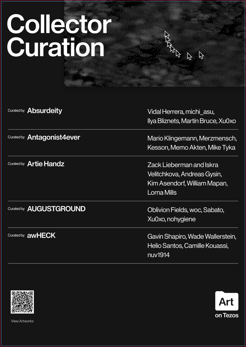 artontezos_'s tweet photo. ✦ Collectors Collections Screenings ✦

A group of prominent collectors will showcase works from their private collections.

Feat.: @absurdeity, @antagonist4ever, @artiegalerie, @August35750182, @joshuasobel, @DagieDee, @Rrose_Selavy_11, @Greekdx, @halving_fun, @jdsears, @James_Glohe, @LeslieASpurlock, @TheNeonMonk, @OlesyaBargo & @thefunnyguysNFT