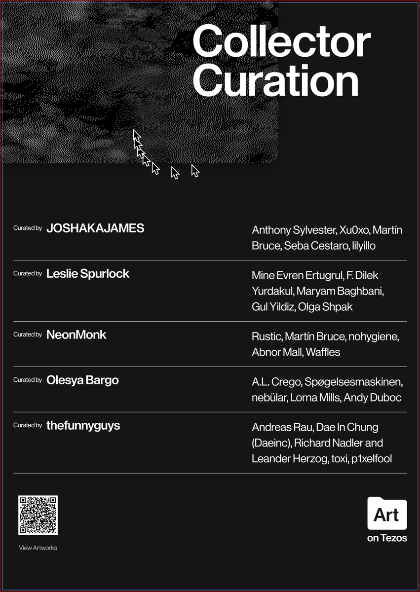 artontezos_'s tweet photo. ✦ Collectors Collections Screenings ✦

A group of prominent collectors will showcase works from their private collections.

Feat.: @absurdeity, @antagonist4ever, @artiegalerie, @August35750182, @joshuasobel, @DagieDee, @Rrose_Selavy_11, @Greekdx, @halving_fun, @jdsears, @James_Glohe, @LeslieASpurlock, @TheNeonMonk, @OlesyaBargo & @thefunnyguysNFT