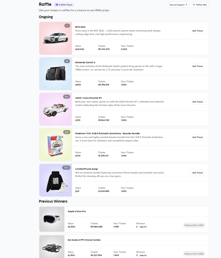 Eğer <a href="/plumenetwork/">Plume - RWAfi Chain</a> sitesindeki günlük çarkı çevirerek kazanılan biletler ile çekilişlere katıldıysanız şu an 2 çekiliş sonuçlanmış kontrol edin. Muhtemelen yakında diğerleri de sonuçlanır acaba araba kime çıkacak :)
portal.plume.org/daily-spin