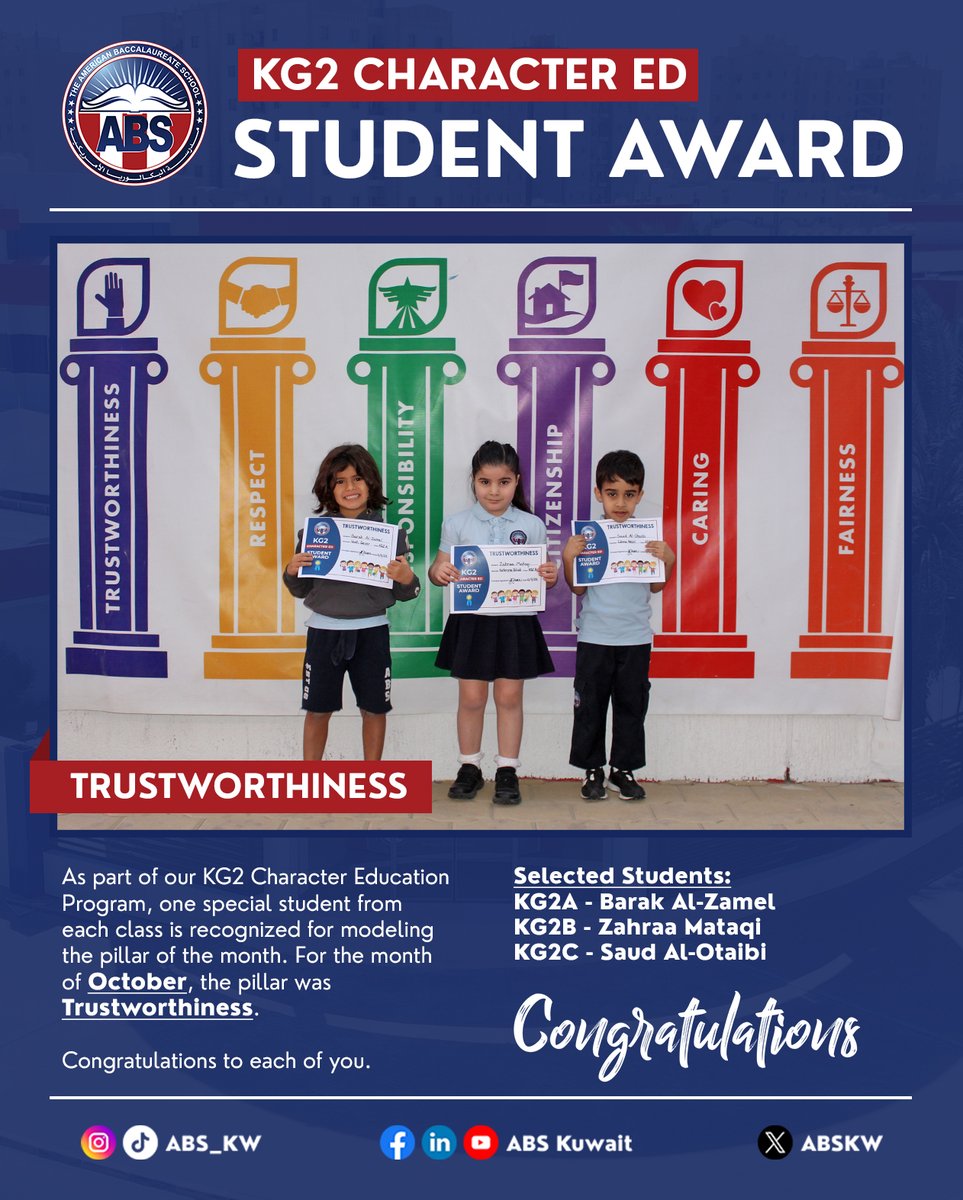 ABSKW's tweet photo. Congratulations to our KG2 students recognized for showing Trustworthiness, the Character Pillar for October. We are proud of your honesty, responsibility, and integrity. Keep up the great character! #ABSKuwait #CharacterEd #Trustworthiness #StudentAward https://t.co/Y81pcx6FhM