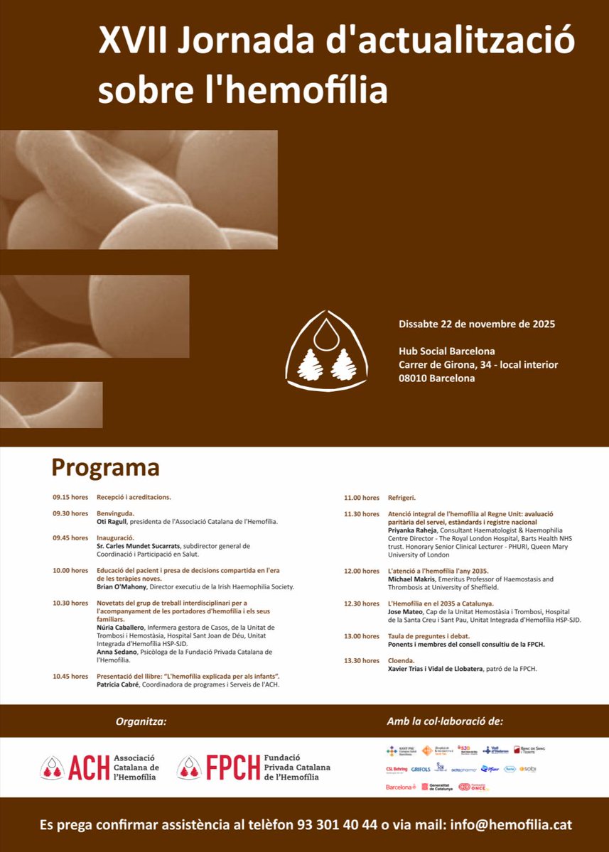 No et perdis la Jornada d’Actualització sobre l’Hemofília! Un espai per compartir avenços, experiències i coneixement amb experts i companys. Programa  que no et deixarà indiferent! 22 de novembre, Hub Social Barcelona.
<a href="/HemostasiaStPau/">Hemostasia Sant Pau</a> <a href="/SJDbarcelona_es/">Hospital Sant Joan de Déu Barcelona ES</a> <a href="/Hemato_Vhebron/">Hematologia - Hospital Universitari Vall d'Hebron</a>
<a href="/salut/">salut</a>