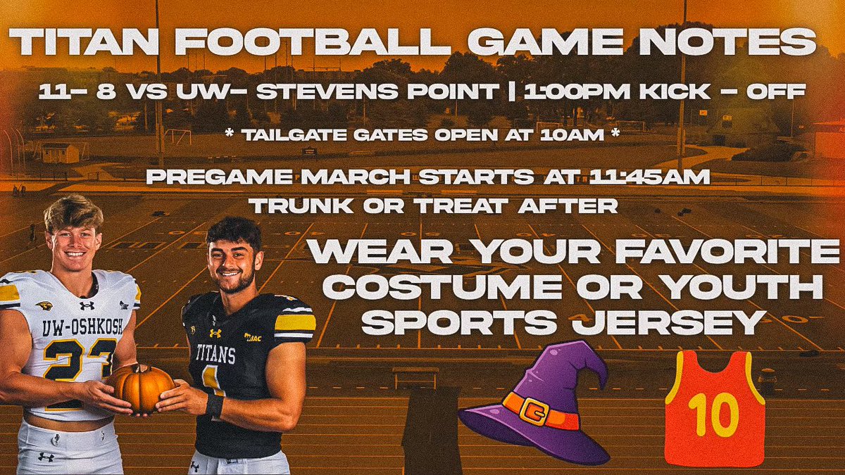 Game Day. Costumes. Trunk or Treat. Titan Football.

This Saturday | 1PM Kick | Titan Stadium 🎃

#GoldStandard | #NOW