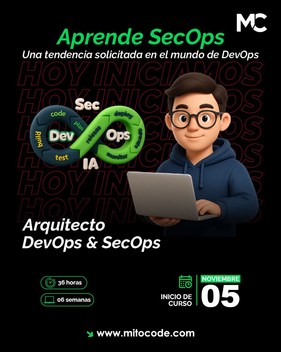 mitocode's tweet image. 🚨 HOY INICIAMOS 🚨

¡Hey coder! 🙋🏻♀️🙋🏻♂️ Conviértete en un Arquitecto DevOps &amp;amp; SecOps, domina la automatización, la seguridad y la nube como un verdadero experto 🚀🛡️

🚨 Arquitecto DevOps &amp;amp; SecOps
📆 Inicio: 05 de Noviembre
📲 buff.ly/q36etTV
.
#mitocode #programador