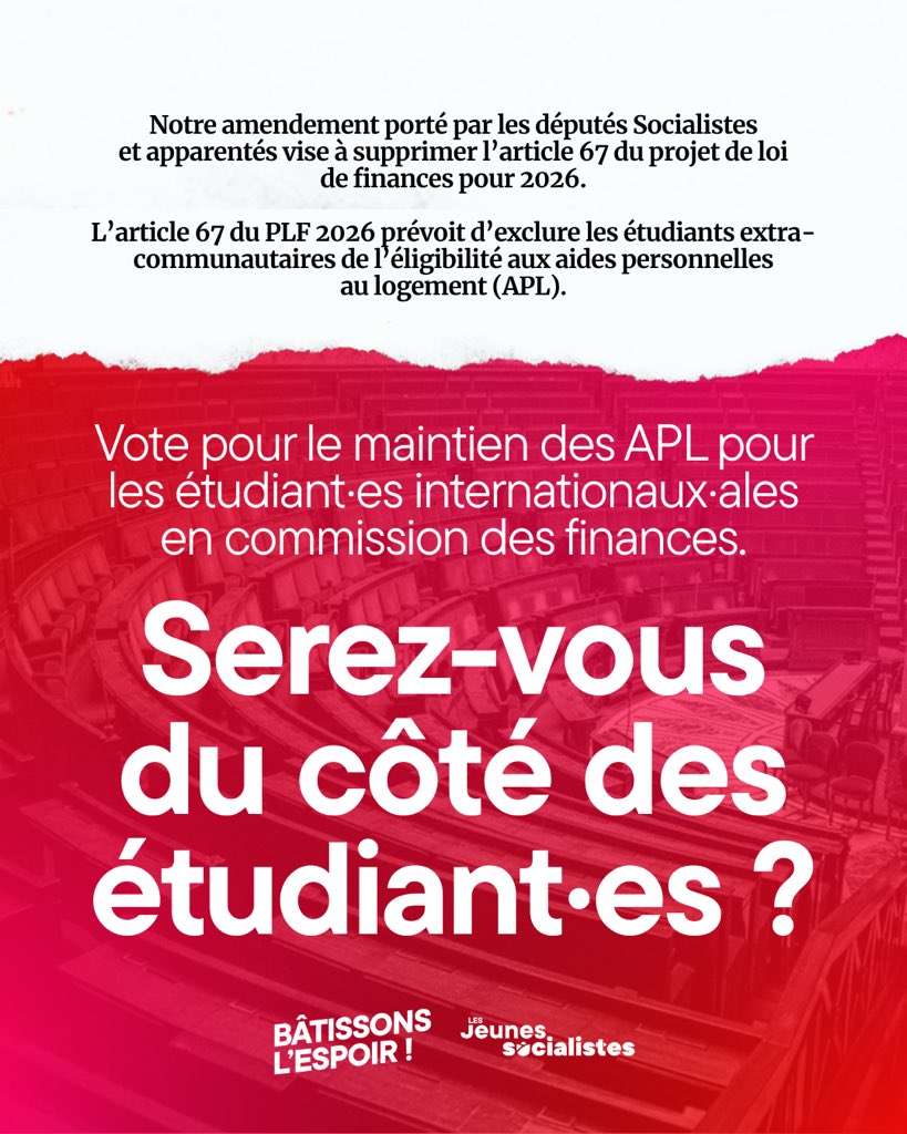 Demain, les députés <a href="/socialistesAN/">Députés Socialistes et apparentés</a> vont faire étudier les amendements des Jeunes socialistes. Quelle fierté ! 💕
<a href="/tlahais/">Tristan Lahais</a> <a href="/MarieMesmeur/">Marie Mesmeur</a> <a href="/MathildeHignet/">Mathilde Hignet</a> à vous de jouer pour que toute la gauche change la vie de la jeunesse étudiante bretillienne 💪

<a href="/lesJeunesSoc/">Les Jeunes Socialistes</a> #BatissonsLEspoir