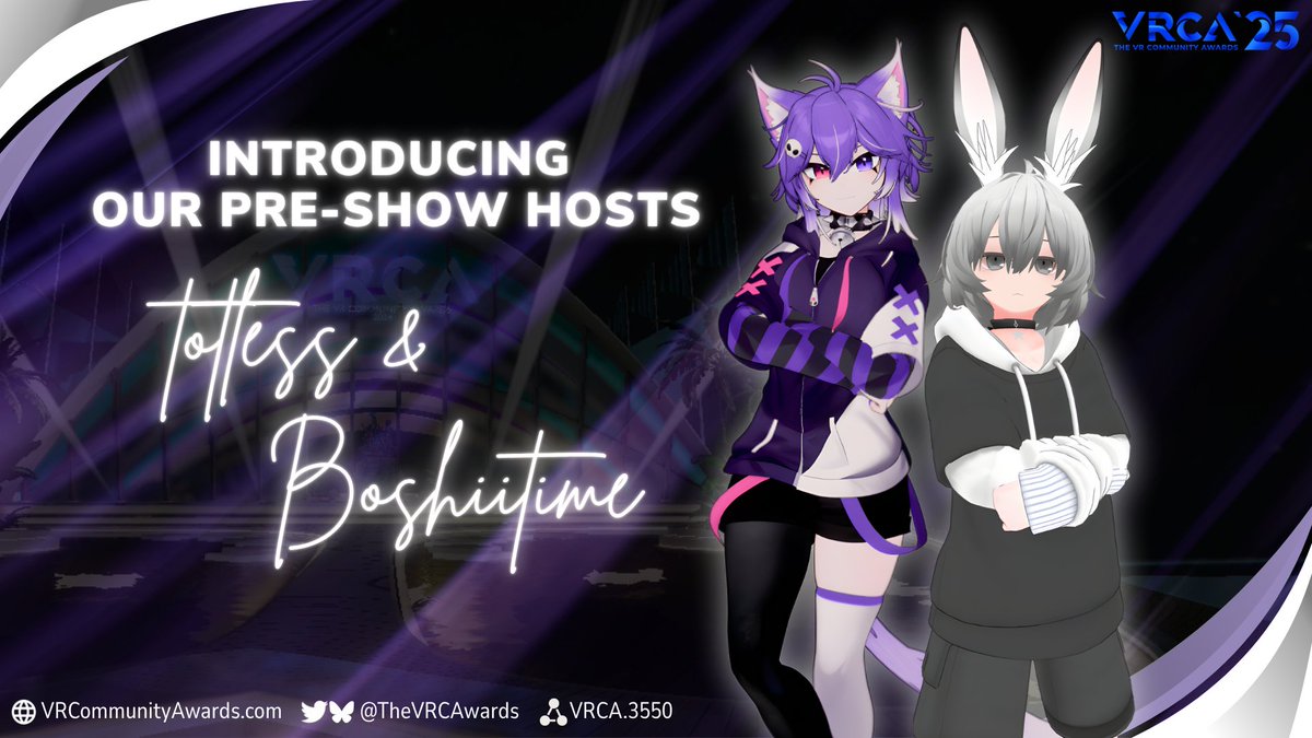 TheVRCAwards's tweet image. The VR Community Awards are pleased to announce this year's pre-show hosts will be Totless &amp;amp; BoshiiTime!

We hope you'll give them a warm welcome as they get the show underway on March 15th.