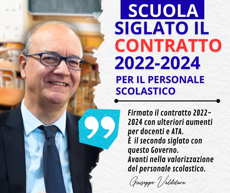 #Scuola: firmato oggi il #contratto 2022-2024 per il personale scolastico, il secondo siglato con questo #Governo: aumenti medi di 150 euro per i #docenti e di 110 euro per gli #ATA. 
È un risultato storico: per la prima volta nella scuola italiana garantiamo la continuità