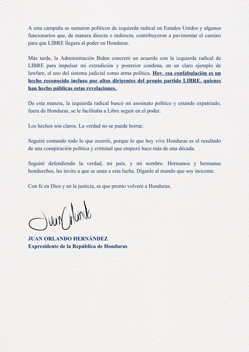 Carta pública de Juan Orlando Hernández: LA IZQUIERDA RADICAL Y LOS NARCOTRAFICANTES CONSPIRARON PARA IMPEDIR QUE GANARÁ LAS ELECCIONES DE 2013.

Juan Orlando Hernández es el villano de una historia mal contada. Pero la verdad es otra, los verdaderos villanos fueron quienes