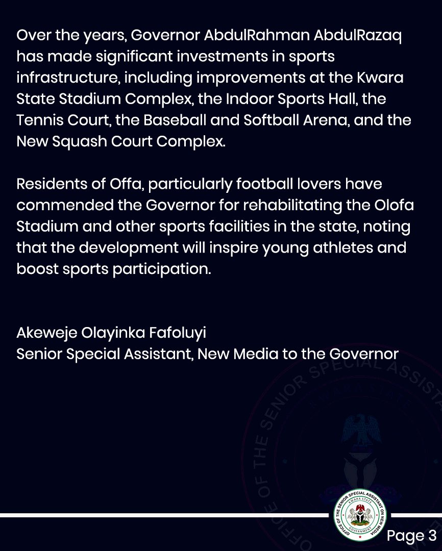 Governor <a href="/RealAARahman/">Abdulrahman Abdulrazaq</a> Gives Offa Stadium First Major Upgrade

•Gov’s words matched with visible actions

#IseNtesiwaju
