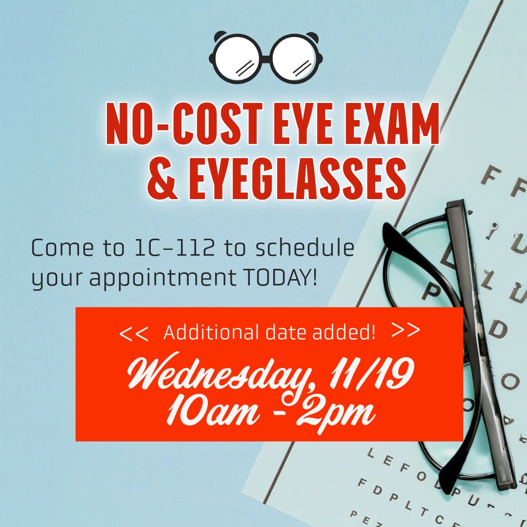 CSI_Wellness's tweet photo. No-cost eye exams and eyeglasses for students!
ADDITIONAL DATE ADDED
Wed, 11/19
10am - 2pm
Health Center (1C-112)
By appt. only!
Stop by the Health Center to make an appt.
Please bring your insurance card.
#CSIHW #CSIHealthWellness #MyCSI #CollegeOfStatenIsland #CSIDolphins #CUNY https://t.co/2SylkEaOIM