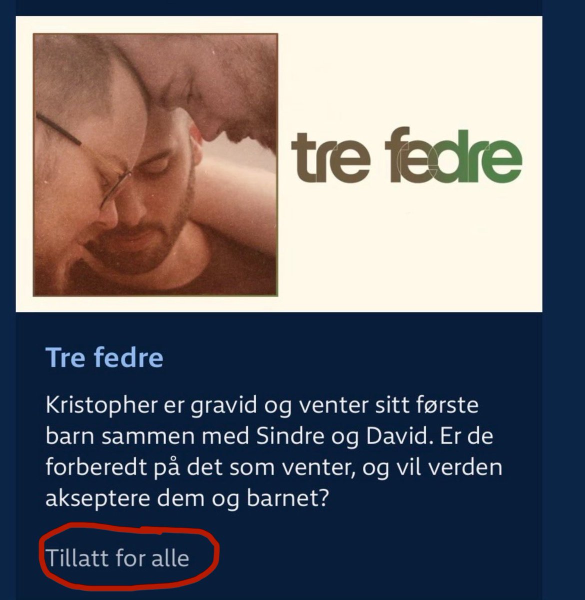EN KVINNE HAR
- saget av seg puppene
- sagt hun er mann
- fått egg fra annen kvinne
- blitt befrukta NØYAKTIG som en husdyrku
- flytta inn med to menn
≠ alle tre kaller seg nå «FAR»

NFI ga 2,8 millioner
(skattepengene dine, ja)
NRK kjøpte filmen
Pressen kaller den «varm» og