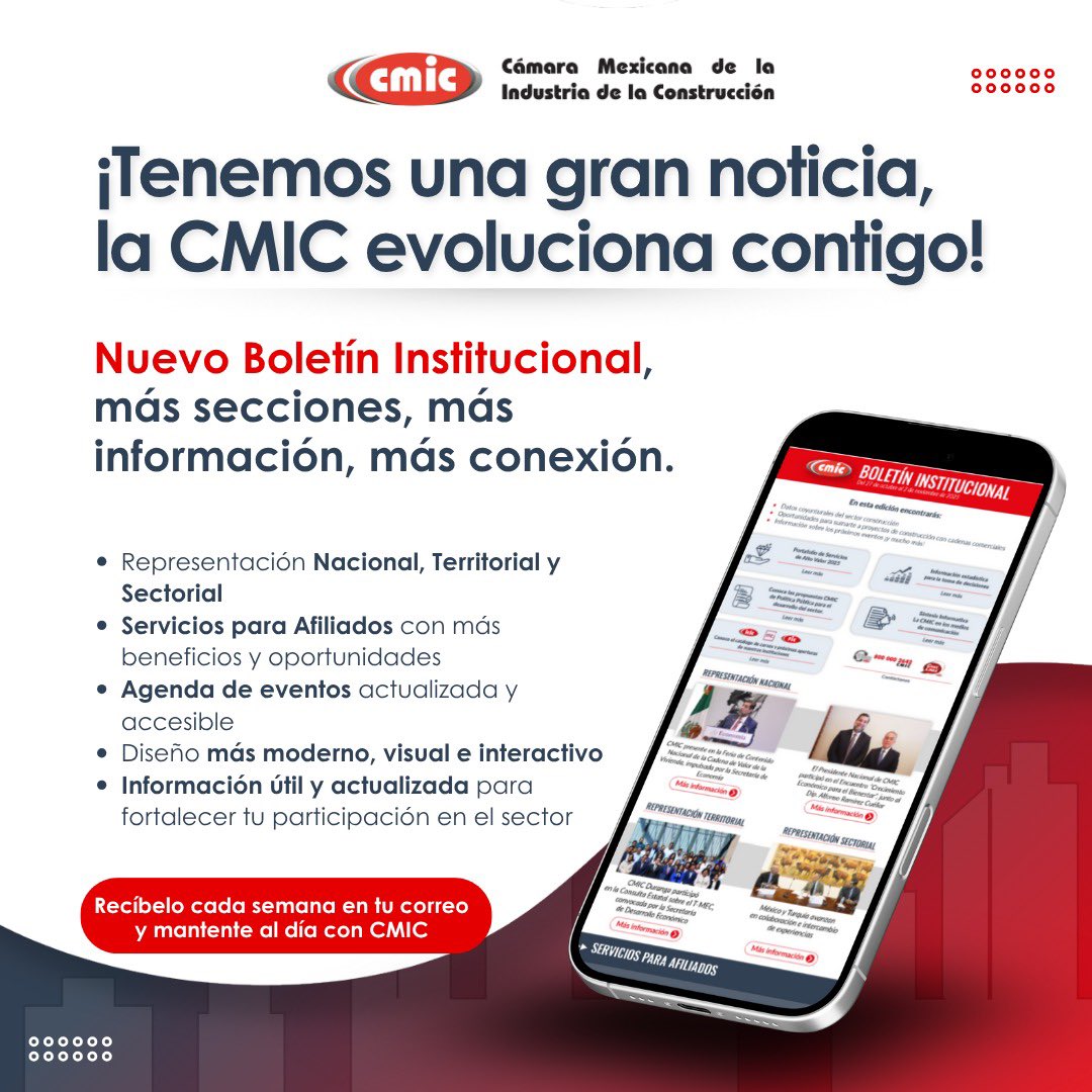 cmiccolima2's tweet photo. 📩 ¡Mantente al día con la #CMIC!

Nueva imagen, nuevas secciones, nuevas formas de conectar.

El #BoletínInstitucional CMIC evoluciona para ofrecerte contenido más útil, actual y cercano.

📧 Revísalo cada semana y aprovecha al máximo tu afiliación: 
https://t.co/xdh8eoEYSi https://t.co/bNT0oHqXP1