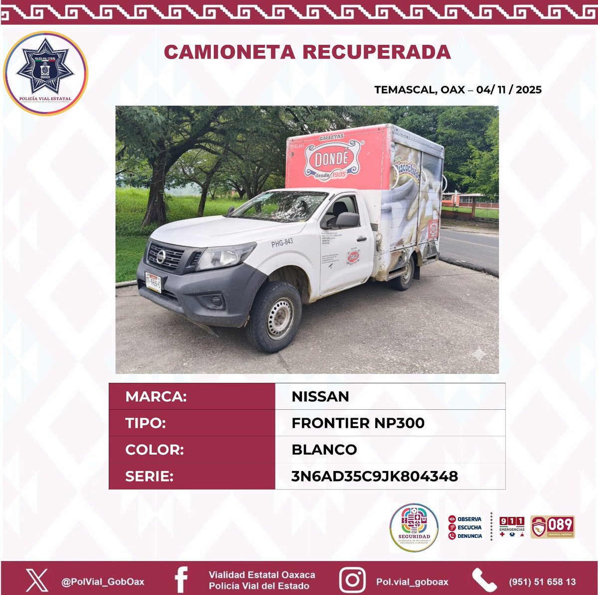 PolVial_GobOax's tweet photo. Recuperamos camioneta con reporte de robo luego de un dispositivo de control preventivo provisional en San Miguel Soyaltepec, #Temascal.
La unidad quedó a disposición de la Fiscalía de Justicia del Estado de #Oaxaca
@GobOax @salomonj @IvanGarcia_A @ToryLopezS https://t.co/jbTQfcXENj