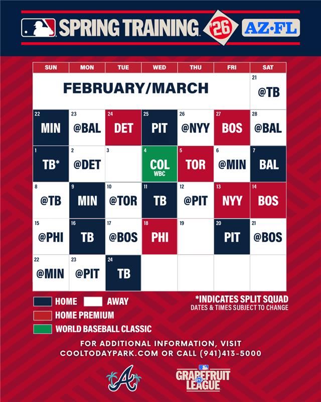 This is the 2026 Atlanta Braves Spring Training schedule! Group Spaces and Beach Club season ticket memberships are on sale NOW at cooltodaypark.com/groups/ &amp; cooltodaypark.com/beach-club/.

Mark your calendars -- you can grab single-game tickets, November 22! 🎟️✨