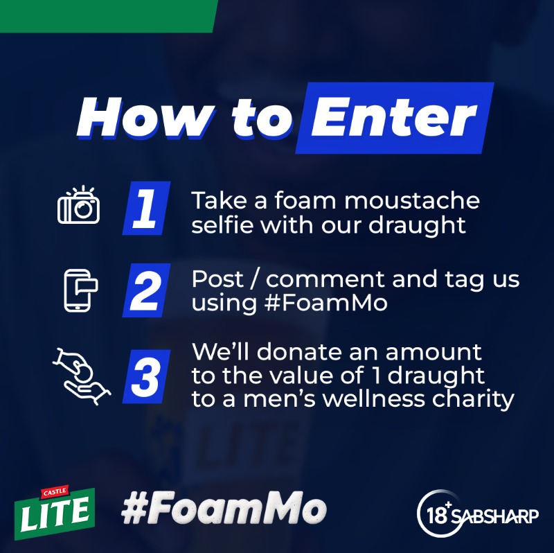 castlelitesa's tweet photo. Can't grow a Mo? Have a sip of a Castle Lite Draught and get a Foam Mo this Movember🍺

Snap your pic with your Foam Mo and tag us. 
For every entry, we’ll donate the value of a draught to a men’s wellness charity. Best pics could get an Extra Cold 6 on us. https://t.co/jDl9ZKY7wi