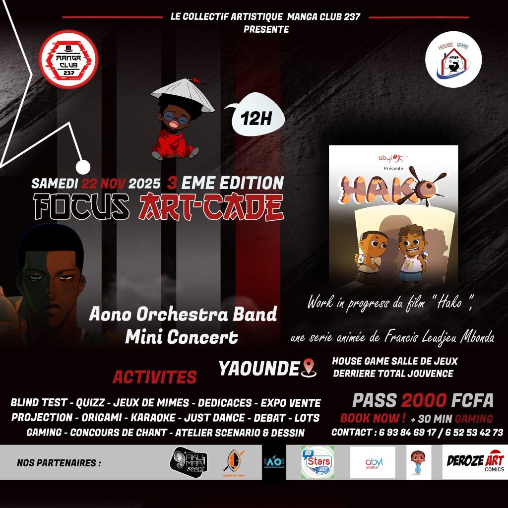 🔺 La 3e édition du FOCUS ART-CADE, initialement prévue pour le 08 Novembre vient d'être repoussée au 22 Novembre de cette année. L'évènement est organisée par Manga Club 237 et se tiendra à la salle de jeux HOUSE GAME  (Yaoundé).

#uodc🗞️ #mangaclub  #otaku #otaku237 #art #bd
