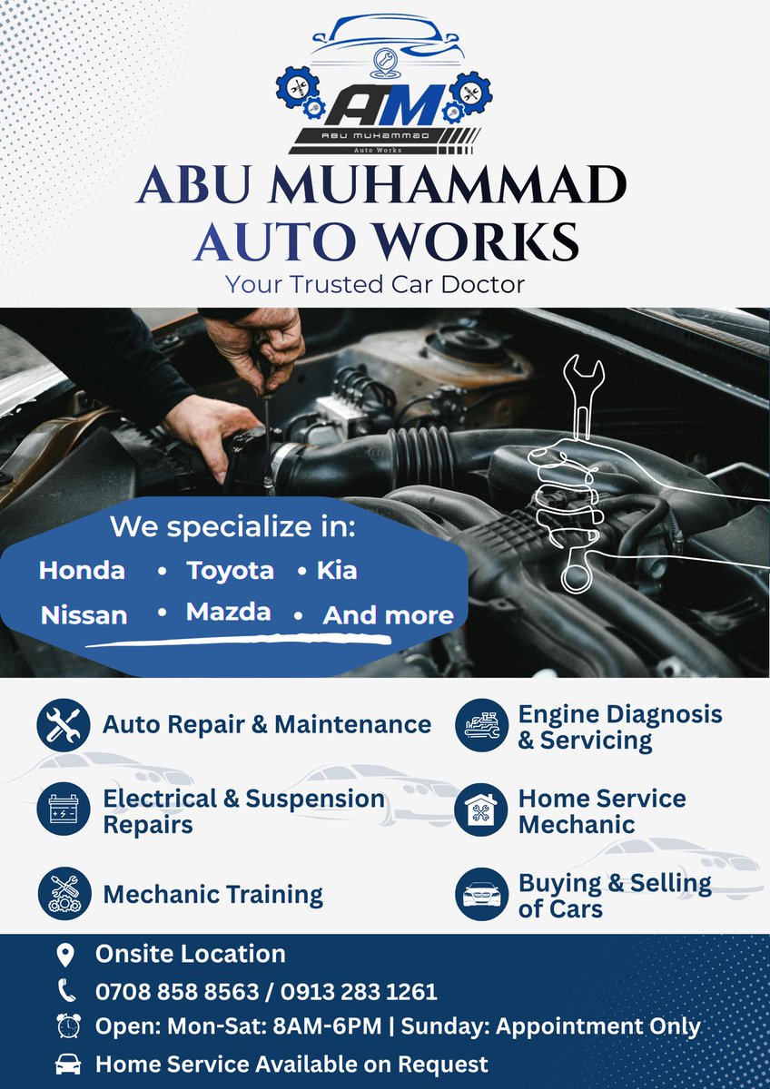 QorlaDX's tweet photo. I just finished designing this professional logo and flyer for Abu Muhammad Auto Works! 🛠️
They needed branding that looked trustworthy, highlighted their key services (like Home Service!), and spoke to their https://t.co/U242NJgIG8