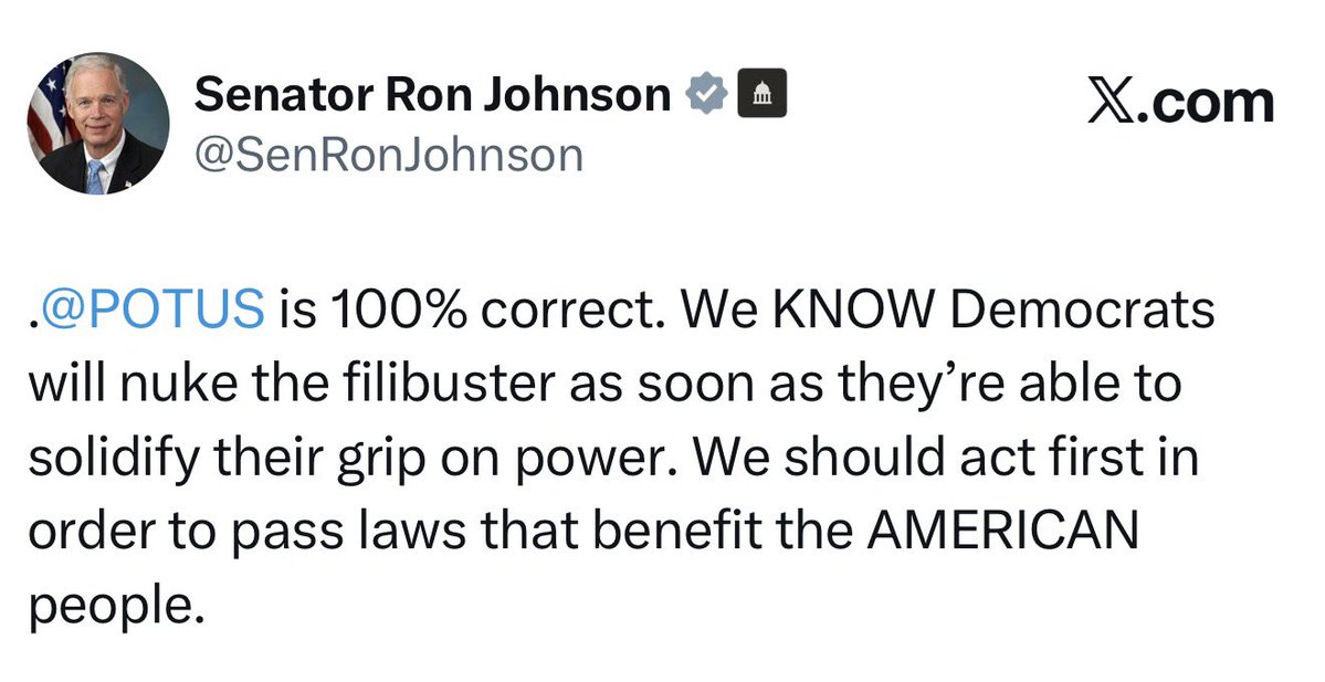 <a href="/SenRonJohnson/">Senator Ron Johnson</a> Is on the right path!
NUKE THE FILIBUSTER