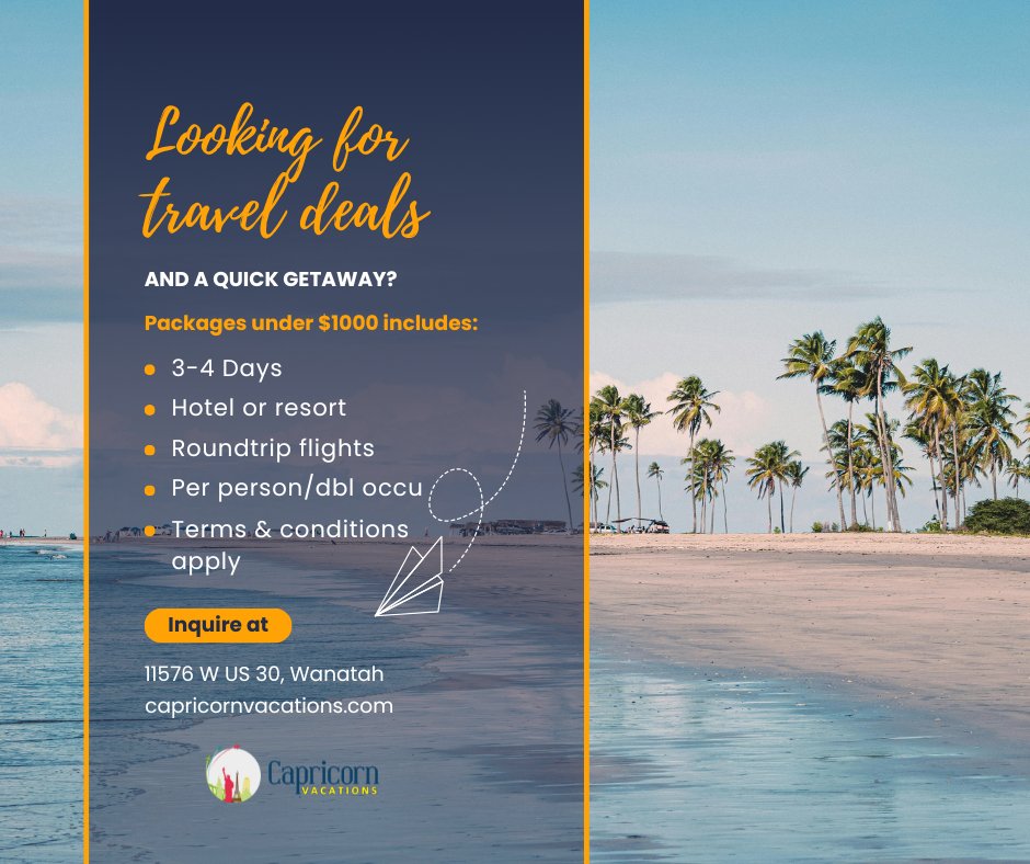 Capricorn_Vacay's tweet photo. I've got some  excellent, travel agent bargains that can include non-inclusive/all-inclusive resorts, beach ready getaways, nonstop roundtrip flights &amp; more. What destination sounds good to you?
#capricornvacations #TravelDeals #bookpackage #quickgetaway https://t.co/HNBDJDOQL3