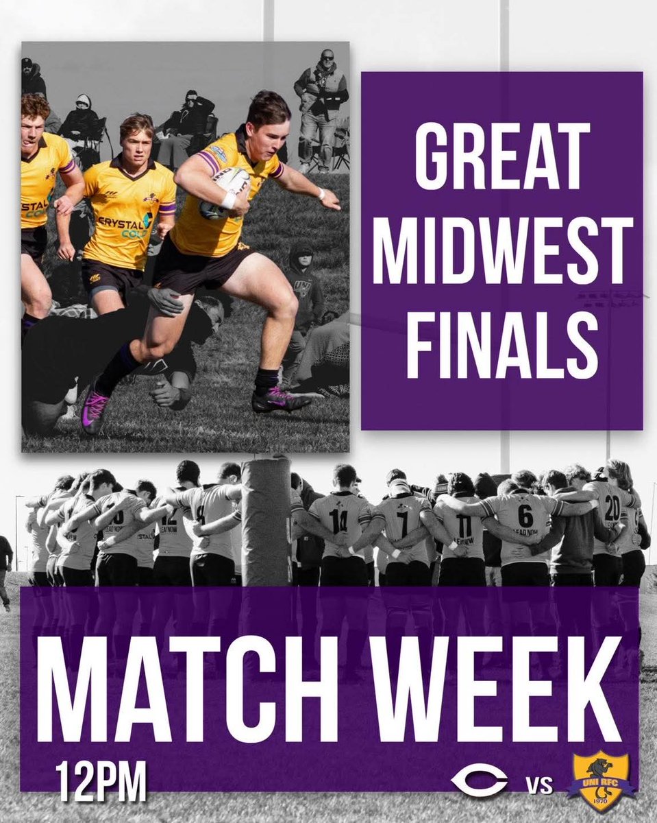 🏆 GREAT MIDWEST FINALS 🏉
The stage is set.
12PM • Wisconsin Rugby Complex • Cottage Grove, WI
UNI vs University of Chicago 

#BornInTheWoods