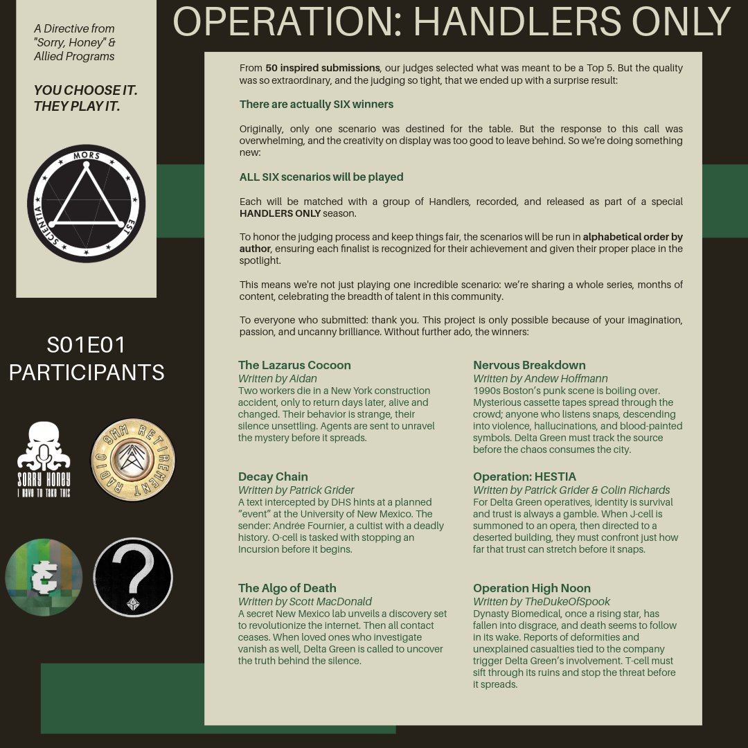 Sorry, Honey, I Have To Take This - New Episode: OPERATION COSMIC CONNECTION PART 1 AND 2
open.spotify.com/episode/46bt6g…
open.spotify.com/episode/2jVmOV…
Available on Spotify or wherever you get your podcasts
#DeltaGreenRPG #actualplay #podcast