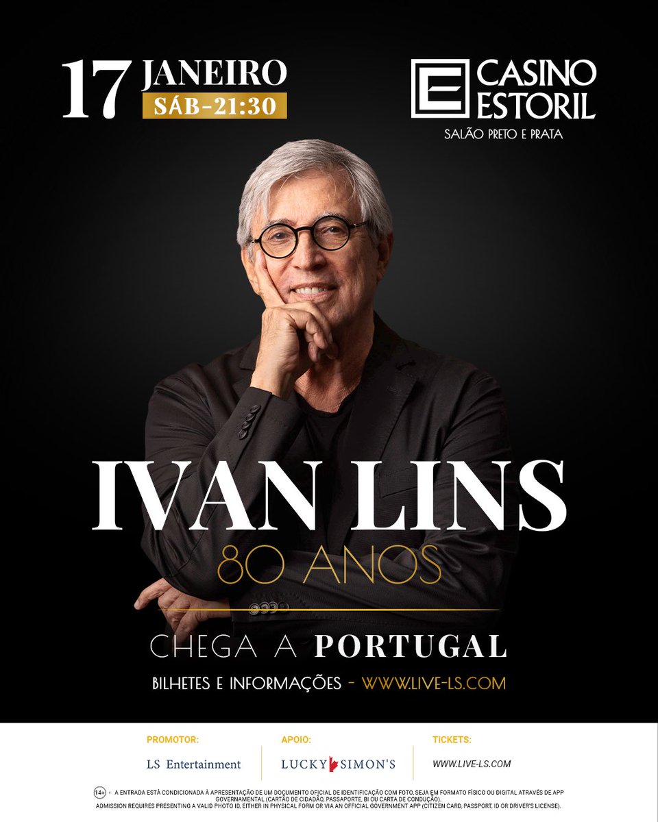 ivanlinsoficial's tweet image. Portugal, prepare-se! 🇵🇹✨
Ivan Lins celebra 80 anos num concerto único no Casino Estoril, dia 17 de janeiro de 2026, às 21h30. Uma noite de clássicos e muita emoção!  

🎟️ Bilhetes: ivanlins.com.br

#IvanLins #MPB #BossaNova #CasinoEstoril #portugalpt