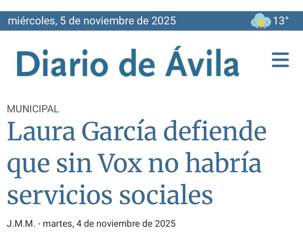 Antes de sentarse en un escaño y apoyar un sablazo fiscal, al menos debería saber de lo que habla. Esto, básico, parece no regir para la portavoz de Vox en el Ayto de #Ávila.
Los Servicios Sociales se pagan gracias al Acuerdo Marco de la <a href="/jcyl/">Junta de Castilla y León</a> con el Consistorio. De nada.