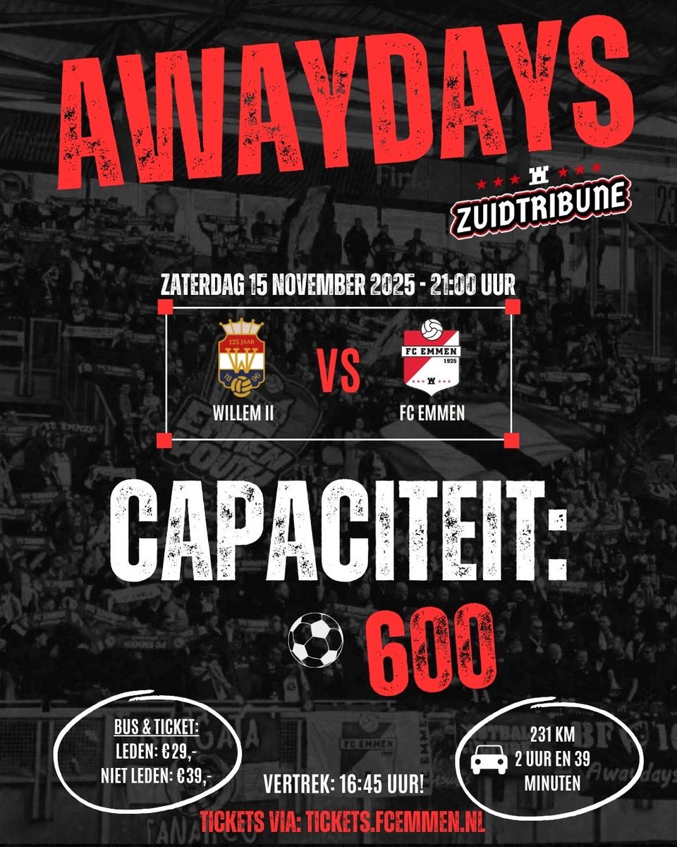 𝗪𝗜𝗟𝗟𝗘𝗠 𝗜𝗜 𝗔𝗪𝗔𝗬! 🍻 
Zaterdag 15 november gaan we naar Tilburg! Steun onze jongens ook daar en koop 𝗡𝗨 je ticket!! 🔥 

Let op: deze wedstrijd is een verplichte 𝒂𝒖𝒕𝒐/𝒃𝒖𝒔 𝒄𝒐𝒎𝒃𝒊. 🚗 🚎 

#fcemmen #awaydays #wilemm