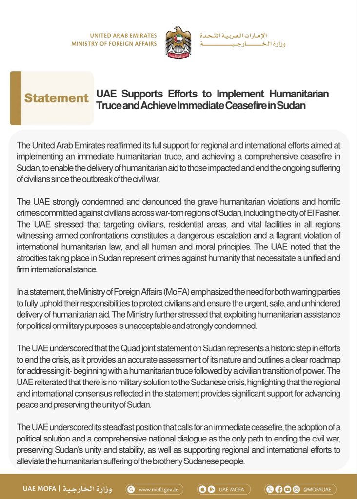 UAE Supports Efforts to Implement Humanitarian Truce and Achieve Immediate Ceasefire in Sudan

mofa.gov.ae/en/mediahub/ne…