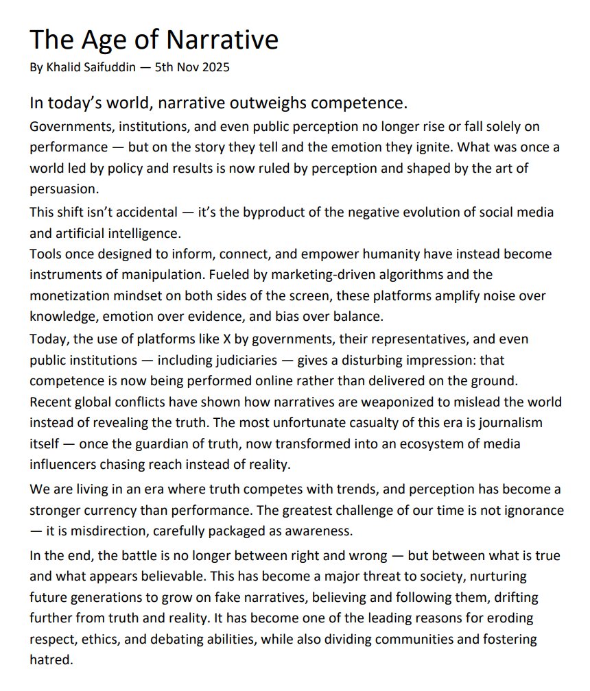 KhalidSaifuddin's tweet photo. In a world where perception often outweighs reality, truth is no longer enough
Read full insight by Khalid Saifuddin
#KhalidSaifuddin #TradingOnLevels #SafelyInvest #Pakistan #GlobalPerspective #MediaEthics #SocialMediaImpact #AIInfluence #NarrativeVsReality #CriticalThinking https://t.co/Ue8T6efNmL