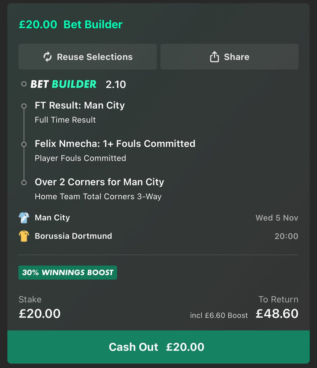 BarneyBets's tweet image. 🏆 Champions League Bet Builder 

💸 Here’s my bet builder for Man City vs Borrusia Dortmund

- Man City Win
- 3+ Man City corners
- Felix Nmecha 1+ fouls

📈 £20 returns £48.60

LIKE ❤️ if you’re onboard!