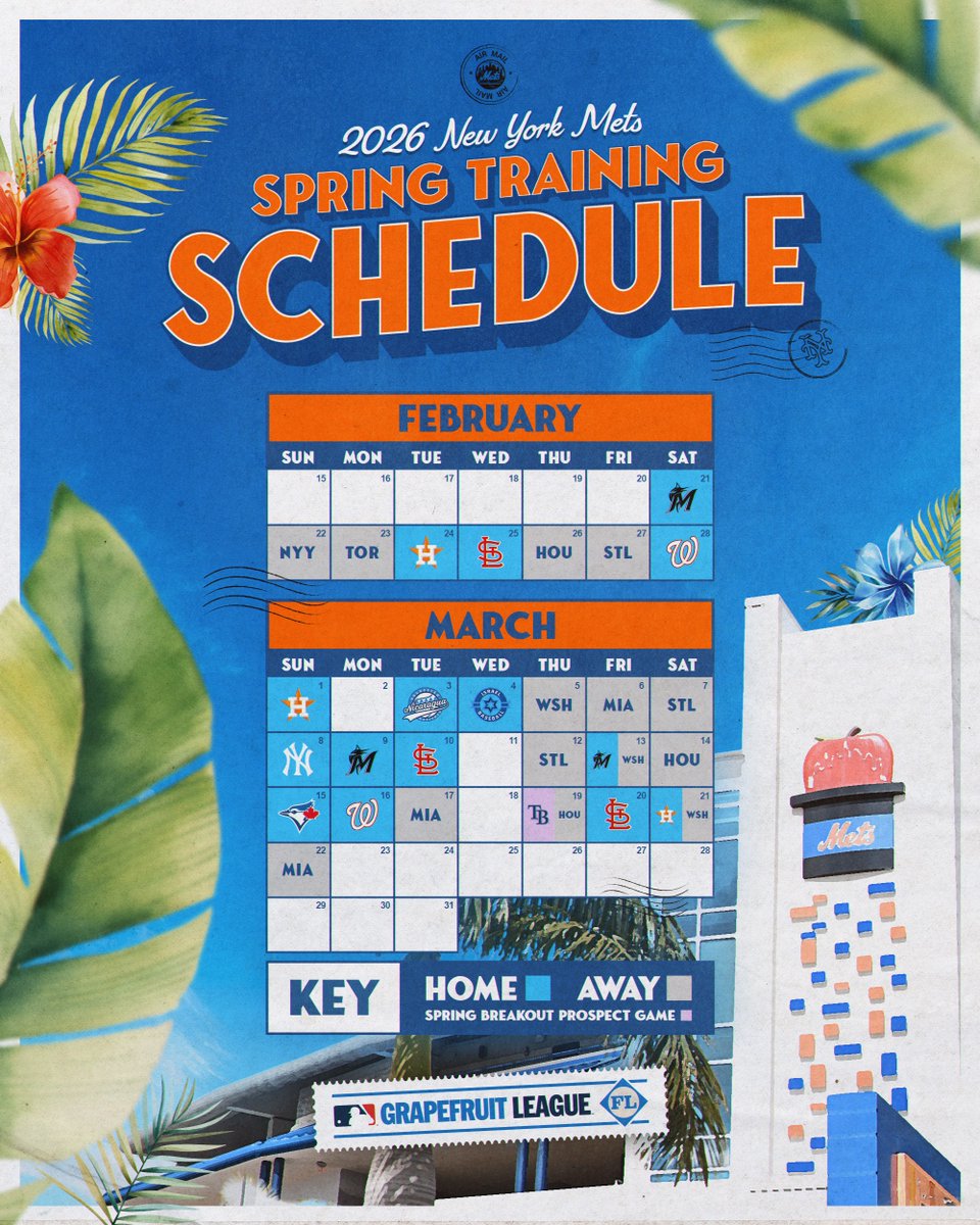 Mets's tweet image. Our 2026 Spring Training Schedule has arrived 🌴

Text METS to 48593 for the latest Mets updates and deals 📲
