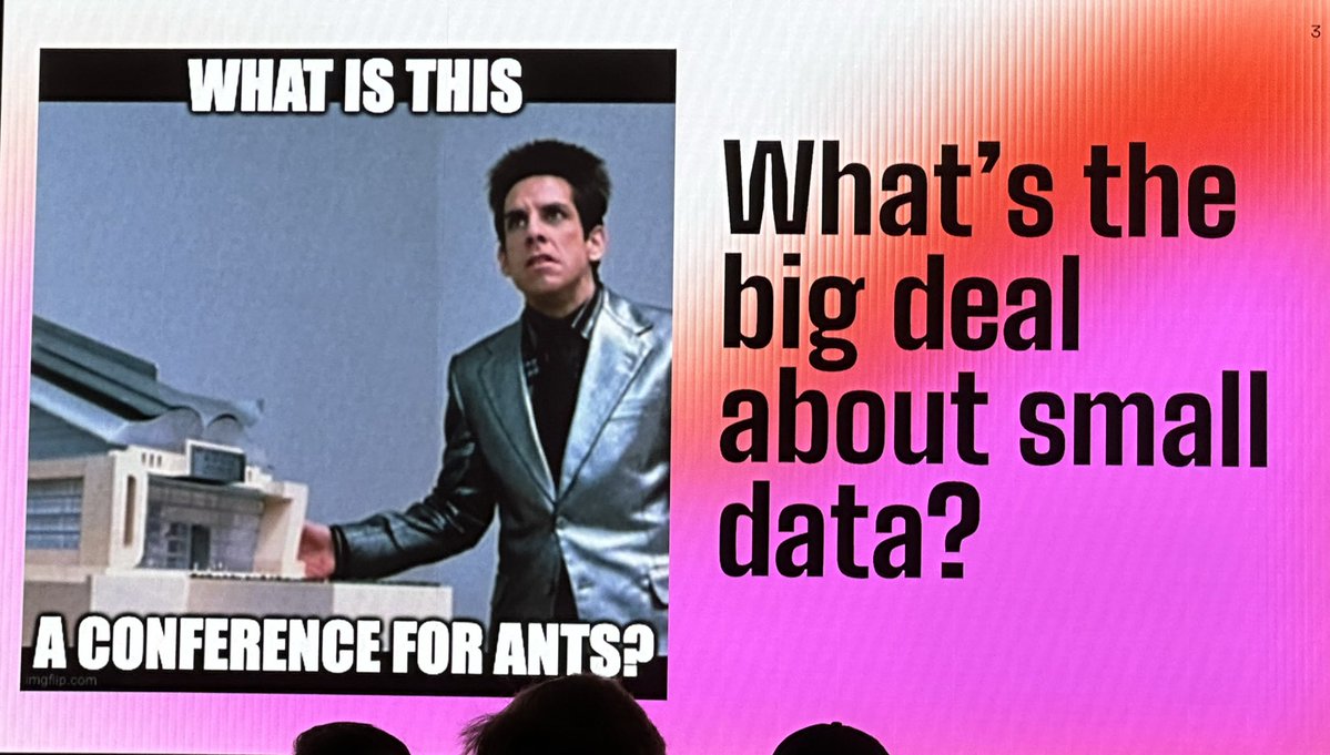 eddietejeda's tweet image. The yearly @smalldatasf gathering is a breath of fresh air. 

One interesting take away:

Small data is now pretty big. A single node machine can now outperform the benchmarks that led to creation of Dremel/Big Query. 

Slide credit @jrdntgn