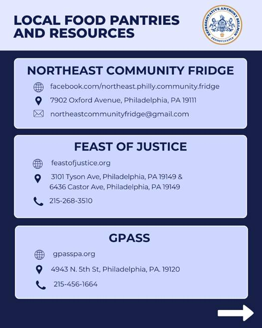 RepBellmon's tweet image. As the future of SNAP benefits is questionable due to the federal government shutdown, please note that there are many food pantries and resources in our community available. You can also call my office at 215-560-1315 if you have any questions.