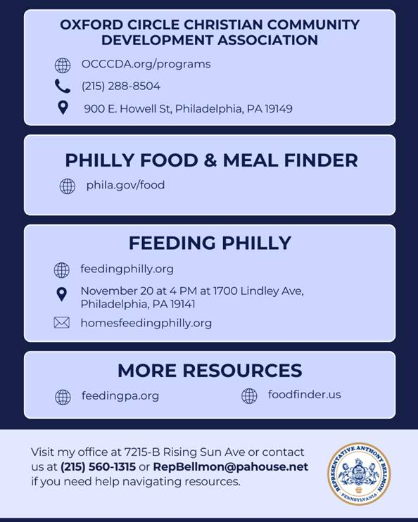 RepBellmon's tweet image. As the future of SNAP benefits is questionable due to the federal government shutdown, please note that there are many food pantries and resources in our community available. You can also call my office at 215-560-1315 if you have any questions.