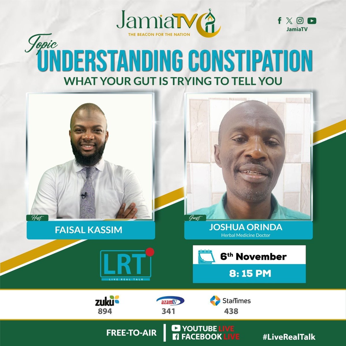 JamiaTvKenya's tweet photo. Feeling bloated? Struggling with your digestion?
Your gut might be trying to tell you something!
Tune in to #LiveRealTalk as Faisal Kassim chats with Dr. Joshua Orinda on “Understanding Constipation
Tomorrow 6th Nov at 8:15 PM only on Jamia TV https://t.co/WuTwUusEba