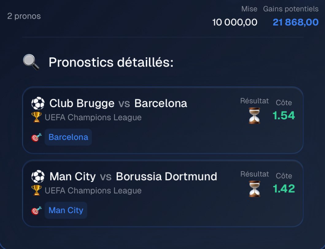 My_FreeBet's tweet photo. Simple efficace ? 
Soir de #LDC ⚽️

🎯 City + FC Barcelone @ 2.19
💰 10.000€ ➡️ 21.860€ 

BONNE CHANCE

#TeamParieur https://t.co/YYZ6nhdglk