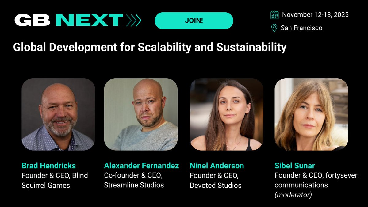 GamesBeat's tweet photo. Must-see global perspective at #GamesBeatNext: Global Development for Scalability and Sustainability

Join Brad Hendricks (@BSG_Brad, @Blind_Squirrel_), Alexander Fernandez (@starveup, @streamlinenews), @NinelAnderson (@devotedstudios_) and Sibel Sunar (@sibel47, @fortysevenPR) https://t.co/NTV1vTRFcK