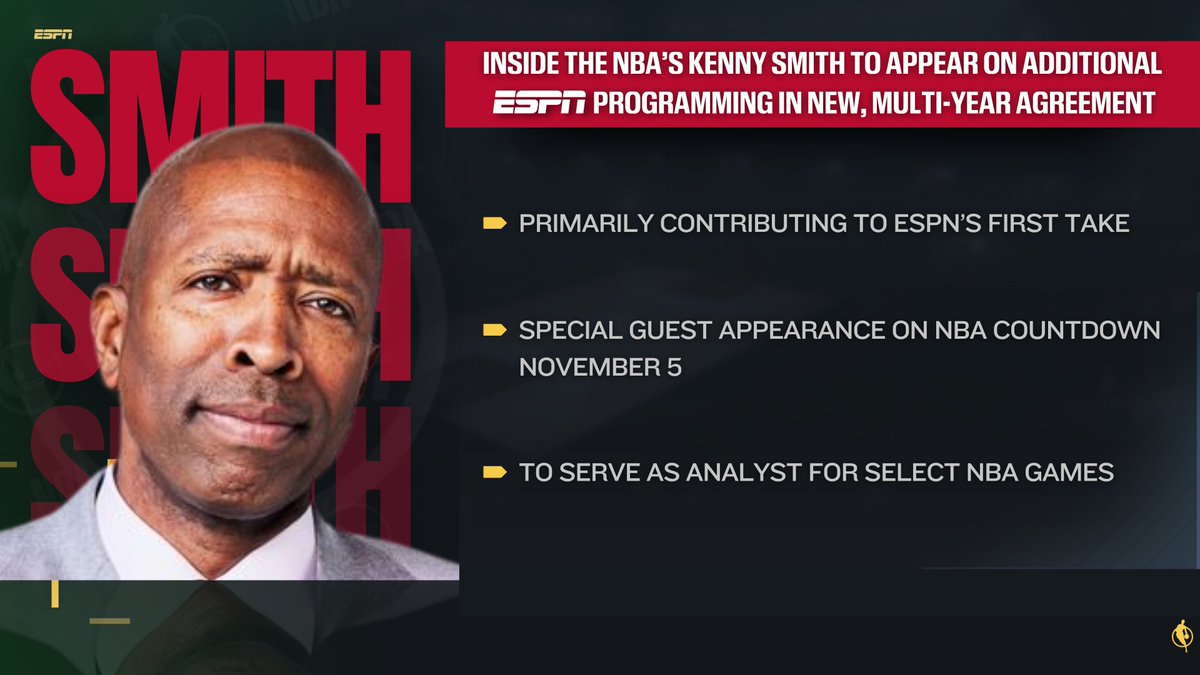 Inside the NBA’s Kenny Smith (<a href="/TheJetOnTNT/">Kenny Smith</a>) will appear on additional ESPN programming - including <a href="/FirstTake/">First Take</a> - as part of a new, multi-year agreement