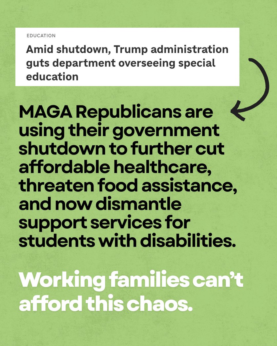 WImegaphone's tweet image. The Trump administration is using MAGA&apos;s government shutdown to gut the Department of Education&apos;s special education office.

Demand that Republicans reopen the government &amp;amp; reject Trump’s attacks on students with disabilities at 202-224-3121.

@ForOurFutureWI