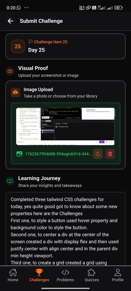 Coder_Jetha's tweet image. Completed the day 25 of the Webdev Tortoise Challenge with @udemy on Masterji app developed by @Hiteshdotcom from @ChaiCodeHQ 

Completed three tailwind challenges for today styled a button, known how to center a div in the current screen and created a grid using tailwind classes
